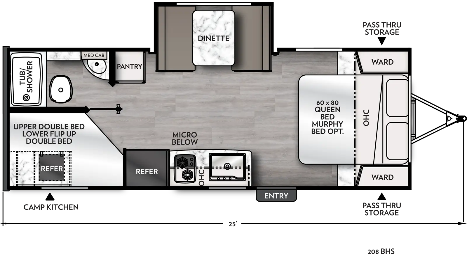 The 208BHS has one slide out on the off-door side and one entry door on the door side. Interior layout from front to back: front bedroom containing foot facing queen bed with murphy bed option, wardrobes on either side and overhead storage; kitchen living dining area with off-door slide out containing dinette; door side kitchen containing sink, cook top stove, overhead cabinet, microwave below, and refrigerator. Pantry located on the off-door side; rear off-door side bathroom with tub/shower, toilet and medicine cabinet. Double bed over flip up double bed bunks located on the door side; Exterior camp kitchen at the rear.